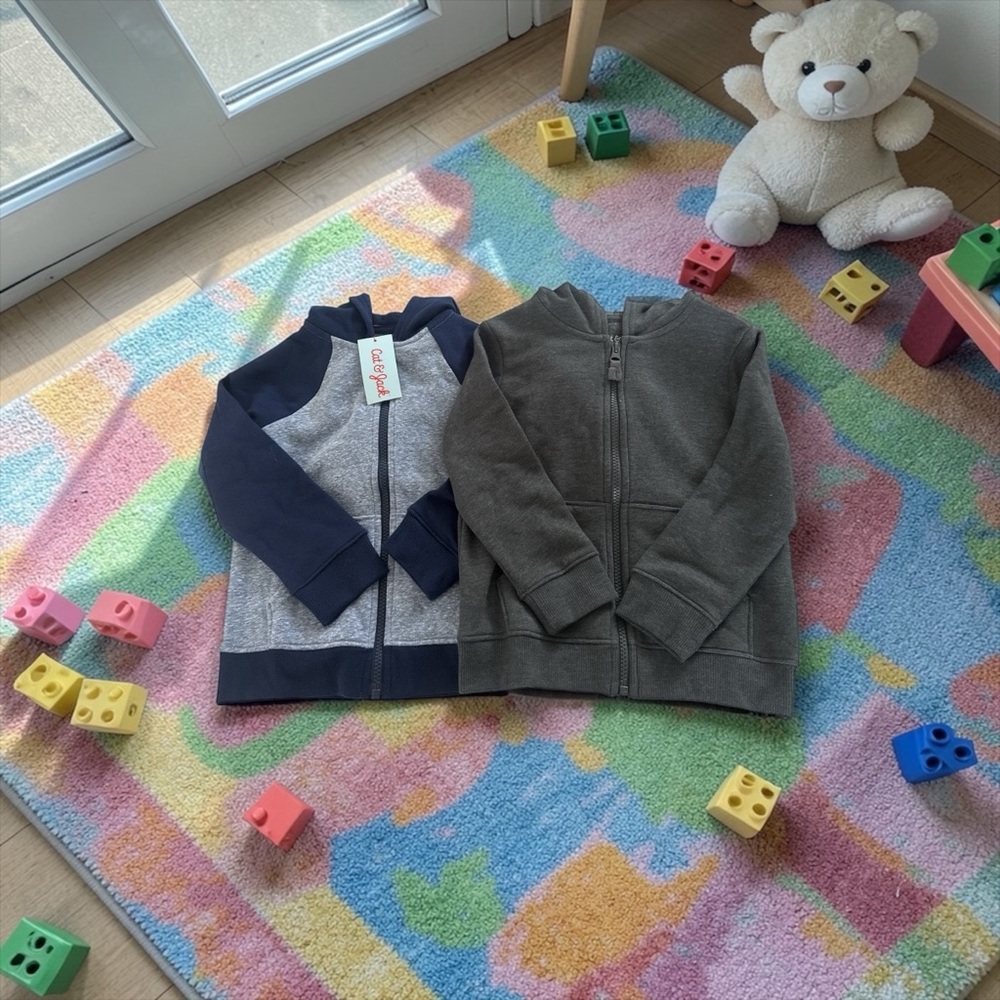 Cat & Jack Navy & Heather Gray Colorblock Zip Hoodie Pair (Two-Pack Look) NWT